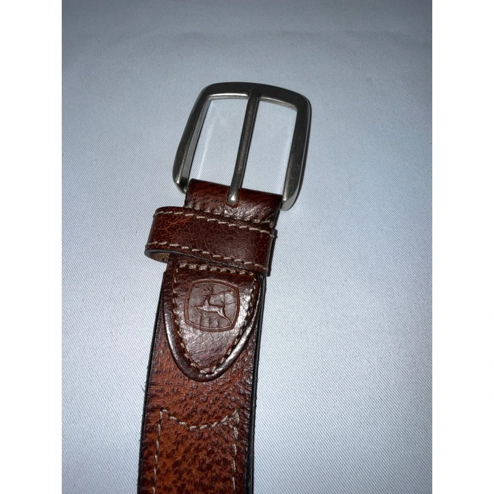 John Deere Mens Brown Pebbled Leather Belt XL 42-44 Logo Embossed‎ Workwear